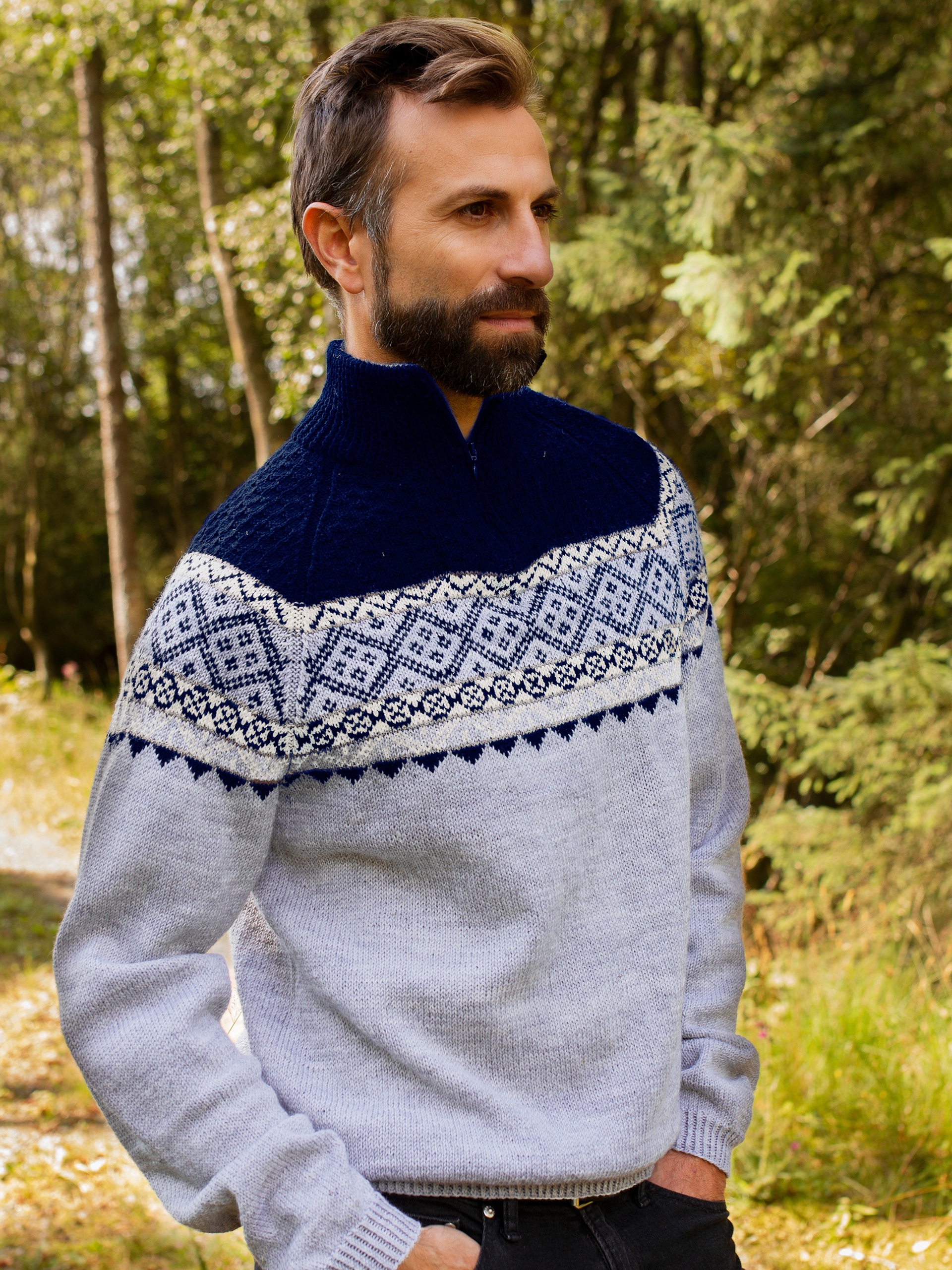 EIN zip-trøje lys gråmeleret/marine