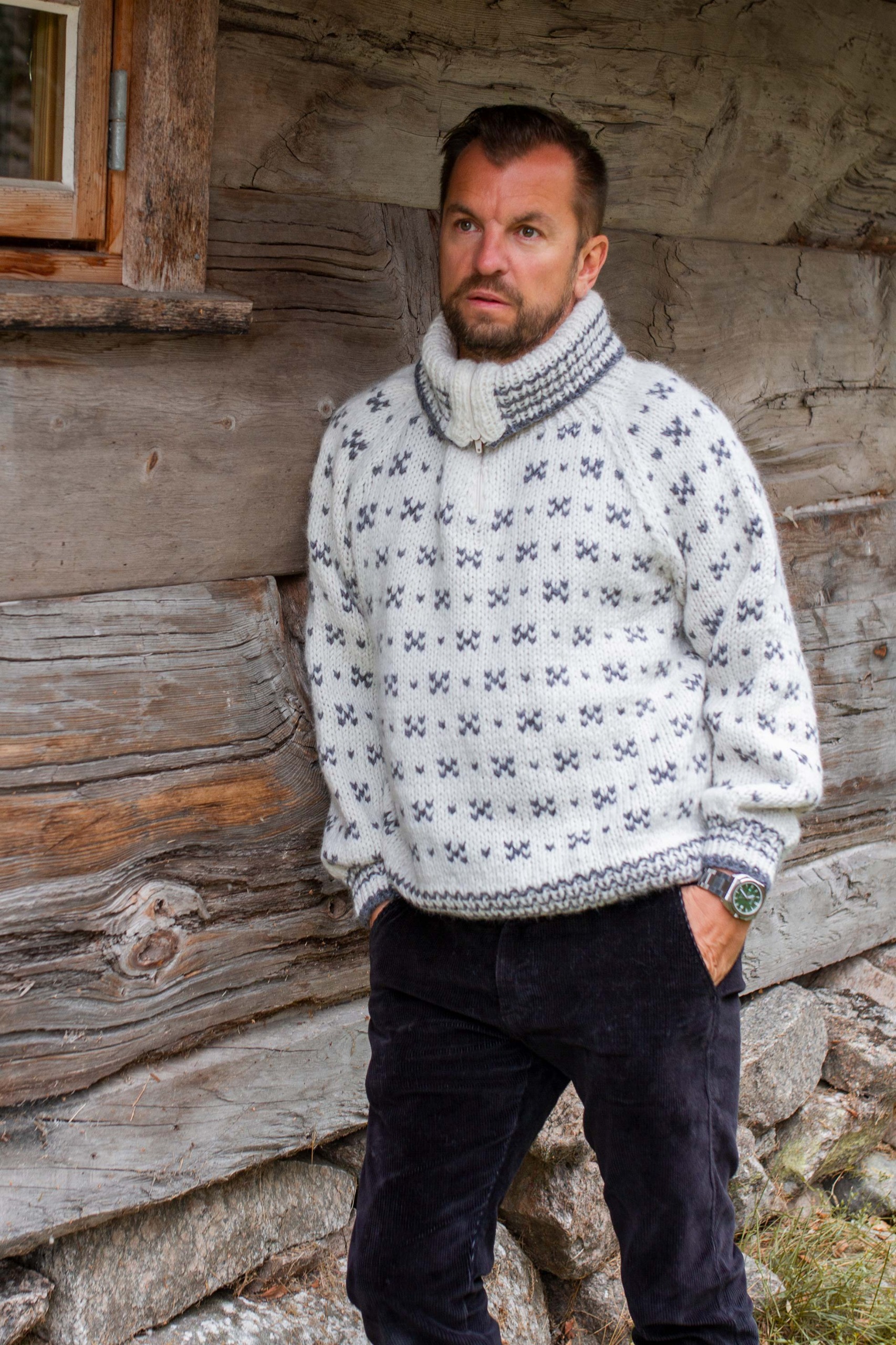 HUSAVIK Zip herre sweater natur